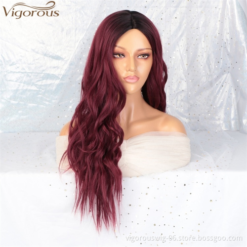 Vigorous Wholesale High Temperature Ombre Red Middle Part Wig Long Natural Wave Cosplay Synthetic Wig for Women